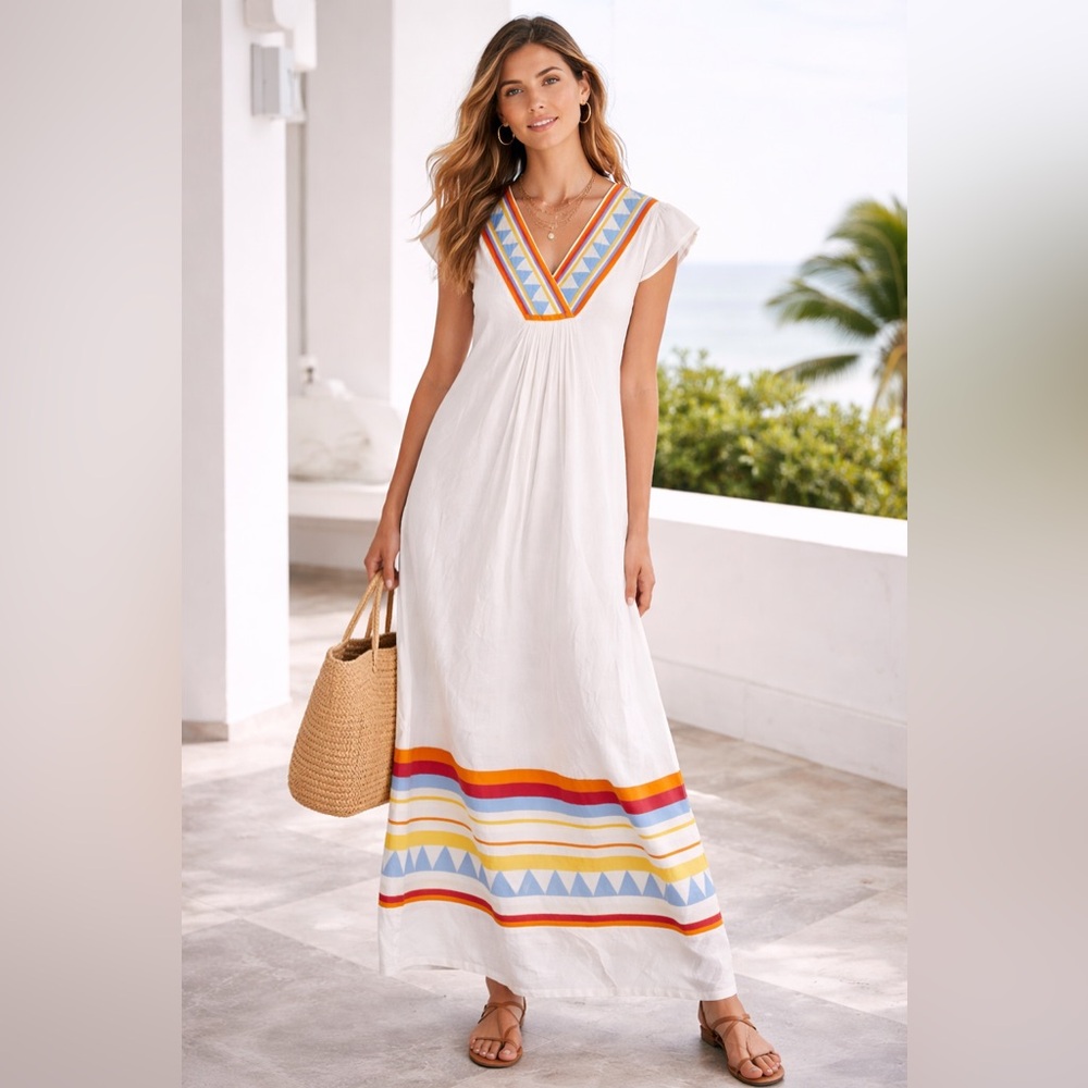 🏝️ Love Binetti Patchwork‎ V-Neck Maxi Dress White Size S 🏝️
